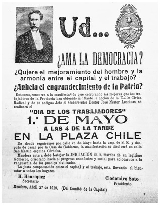 Convocatoria lencinista a la movilización del 1° de mayo de 1919