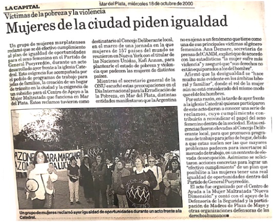 Recorte de periódico “La Capital” anuncia
marcha en reclamo de la igualdad. Año 2000.